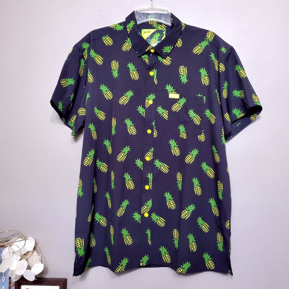 Retro Rifle Pineapple Grenade Shirt Mens Size XL Black Button Down Short Sleeve